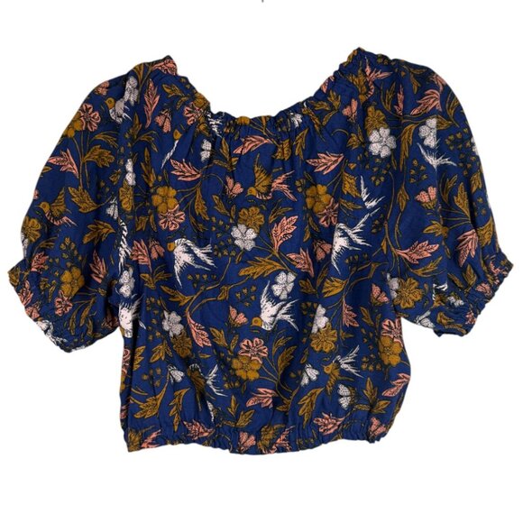 NWT 100% Cotton Universal Thread Cropped Floral & Birds Navy Short Sleeve-Small - Picture 2 of 4